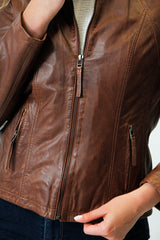 Kurze taillierte Damen Lederjacke in Lammnappa washed cognac ohne Wattierung