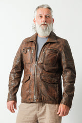 Halblange Herren Lederjacke aus Neuseeland Lammnappa antikbraun mit vielen Taschen