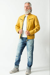 Kurze Herren Biker Style Übergangs Lederjacke Lammnappa in Yellow gelb