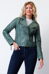 Kurze grüne Damen Bikerstyle Lederjacke aus weichen Lammnappa vintage Look