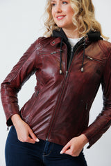 Kurze Damenlederjacke aus Lammnappa Rot vintage Look mit Stoffkapuze abtrennbar