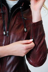 Damenbikerstyle Lederjacke aus Lammnappa Rot vintage Look mit Stoffkapuze abtrennbar