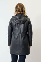 Lange Damen Lederjacke Lammnappa navy mit Kapuze und leichter Wattierung