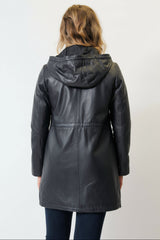 Lange Damen Lederjacke Lammnappa navy mit Kapuze und leichter Wattierung