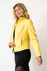 Kurze Damen Lederjacke in Lammnappa gelb mit Stehkragen und Reißverschluss