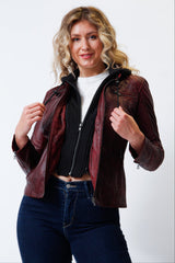 Damenbikerstyle Lederjacke aus Lammnappa Rot vintage Look mit Stoffkapuze abtrennbar
