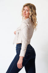 Kurze Damen Lederjacke aus Lammnappa beige tailliert fast Kragenlos unwattiert