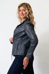 Kurze taillierte Damen Lederjacke in Lammnappa Navy Blue ohne Wattierung