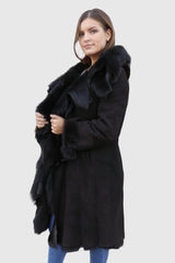 Damen Lammfellmantel Damen aus Toskana Lammfell, große Kapuze, dunkelbraun, figurbetont, exklusiv