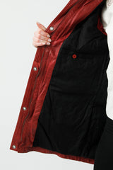 Langer Damen Lederparka Lammnappa dunkelrot vintage mit Finnraccoon Kapuze