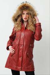Langer Damen Lederparka Lammnappa dunkelrot vintage mit Finnraccoon Kapuze