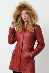 Langer echter Damen Lederparka Lammnappa dunkelrot vintage mit Finnraccoon Kapuze