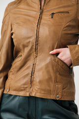 Kurze Damen Biker-Style Lederjacke in Braun