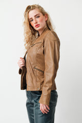 Kurze Damen Biker-Style Lederjacke in Braun