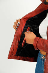 Kurze Bikerstyle Damenlederjacke in Rot vintage Lammnappa mit abnehmbare Kapuze