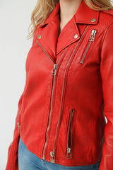 Damen Biker Lederjacke Rot Lammnappa mit Steppnähte und viele Zipper