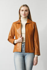 Kurze Damen Lederjacke aus Lammnappa safran und Reißverschlusstaschen