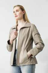 Halblange Damen Lederjacke in Lammnappa ivory tailliert mit Reißverschluss