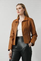 Kurze taillierte Damen Lederjacke in Lammnappa cognac mit Frontreißverschluss