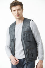 Leder Freizeit Weste aus Lammnappa in anthrazit mit viele Taschen