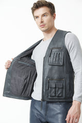 Herren Freizeit Lederweste aus Lammnappa in anthrazit mit viele Taschen