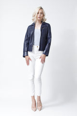 Kurze taillierte Damenlederjacke aus Lammnappa in Blau mit Reißverschluss,