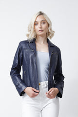 Blaue taillierte Damen Lederjacke in Lammnappa unwattiert