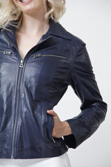 Blaue Damen Lederjacke mit RV Brusttaschen tailliert in Lammnappa