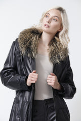 sportlicher Damen Parka mit Pelzkragen sowie 1A Lammnappa in schwarz