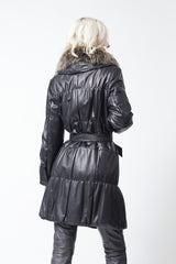 Damen Parka im super Lammnappa schwarz und Fellkragen und Bindegürtel