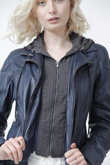 Damen Lederjacke tailliert in Lammnappa Blau mit Stoffkapuze - Leder Schmidt Online-Kassel