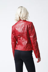 Taillierte Damen Lederjacke mit Steppnähte in Lammnappa rot und Stehkragen