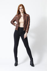 Braune Damen Jacke kurz im Vintage Washed Lammnappa und Stehkragen