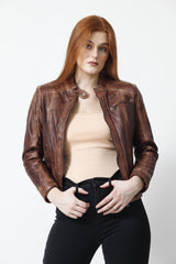 Braune Damen Jacke kurz im Vintage Washed Lammnappa und Stehkragen