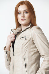 Damen Lederjacke in Biker-Style in Beige aus softigem Lammnappa