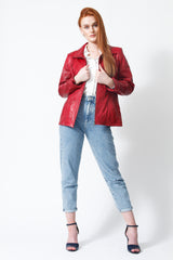 Halblange Damen Lederjacke tailliert aus Lammnappa in Rot mit Frontreißverschluss