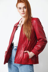 Halblange Damen Lederjacke tailliert aus Lammnappa in Rot mit Frontreißverschluss