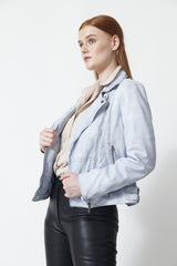 sportliche Damen Bikerjacke in Lammnappa vintage hell Blau, Leder Schmidt Online