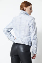 Taillierte sportliche Damen Bikerjacke in vintage Sky Blue Lammnappa, Leder Schmidt Online