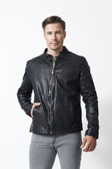 Coole Herren Biker Lederjacke Schwarz aus Lammnappa mit Stehkragen