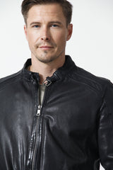 Coole Herren Biker Lederjacke Schwarz aus Lammnappa mit Stehkragen