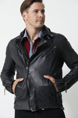 Kurze Herren Bikerstyle Lederjacke Schwarz in Lammnappa ohne Wattierung