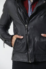 Kurze Herren Bikerstyle Lederjacke Schwarz in Lammnappa ohne Wattierung