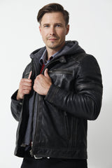 Herren Biker Lederjacke mit Kapuze Lammnappa in schwarz grau