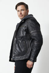 Herren Biker Lederjacke mit Kapuze Lammnappa in schwarz grau