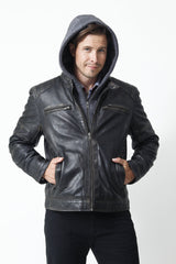 Herren Biker Lederjacke mit Kapuze Lammnappa in schwarz grau