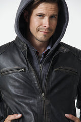 Herren Biker Lederjacke mit Kapuze Lammnappa in schwarz grau