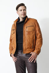 Herren Lederjacke kringel Cognac in Lammnappa mit Brusttaschen und Stehkragen