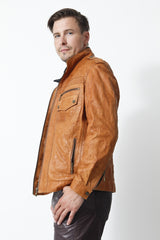 Herren Lederjacke kringel Cognac in Lammnappa mit Brusttaschen und Stehkragen