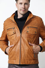 Herren Lederjacke kringel Cognac in Lammnappa mit Brusttaschen und Stehkragen